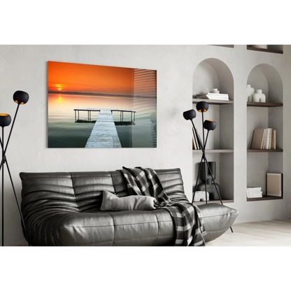 Serene sunset pier canvas wall art print in orange teal hues