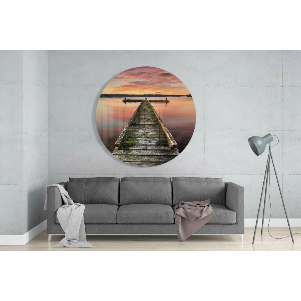 Sunset Dock Tempered Glass Art Circle | Glass Wall Art Print | vintageantiquesgifts.com
