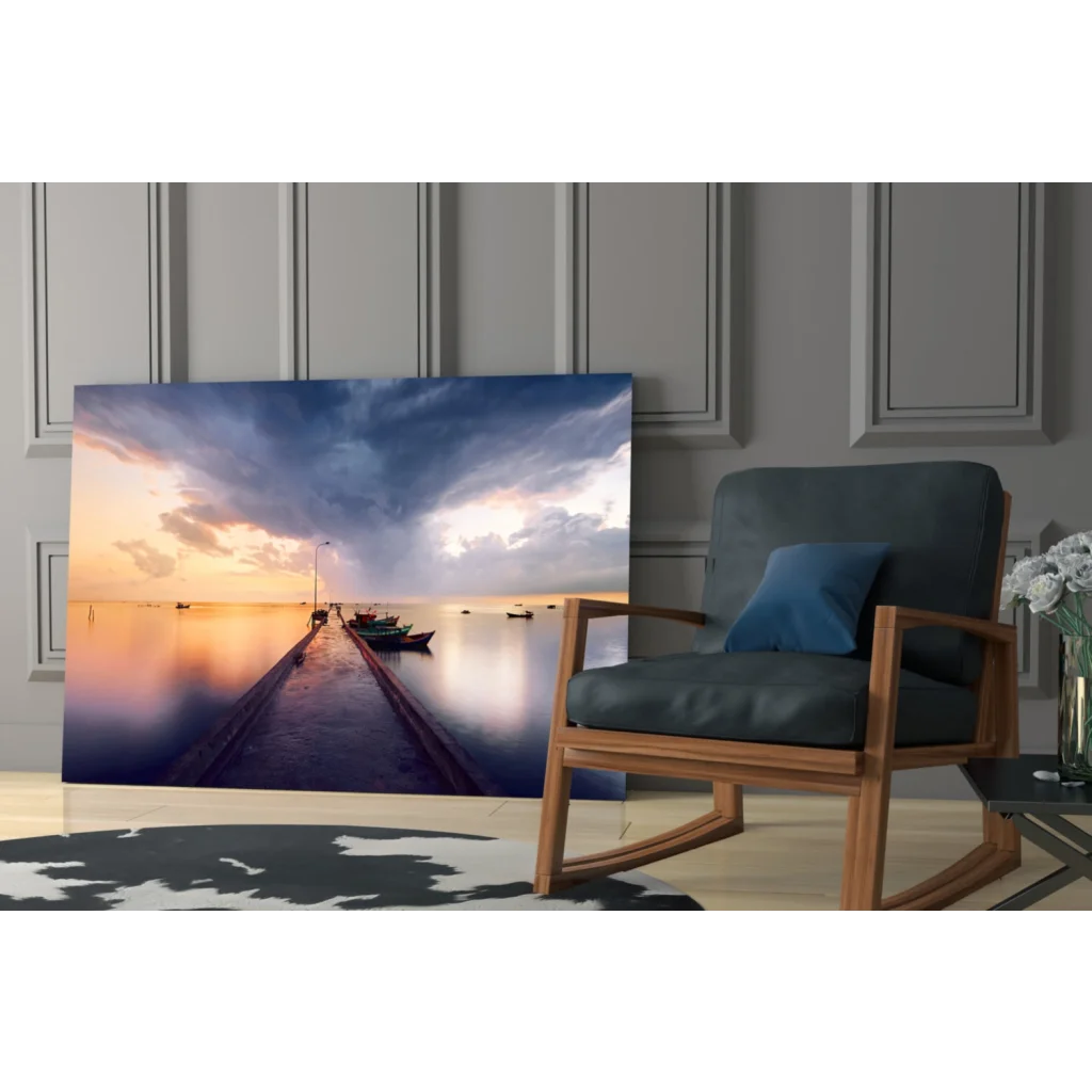 Stunning sunset marina glass wall art with vibrant orange purple hues