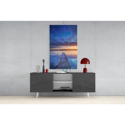 Stunning sunset pier glass wall art on vertical canvas print