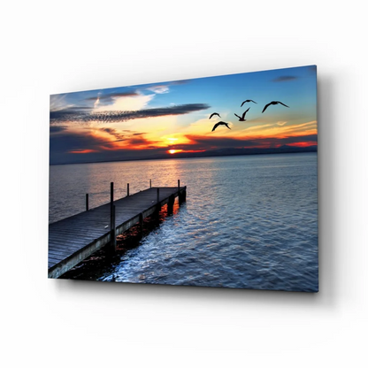 Sunset Pier Glass Wall Art with Flying Birds | Insigneart USA | vintageantiquesgifts.com