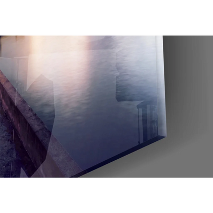 Sleek glass wall art with vibrant sunset marina sky colors in blue and gray tones