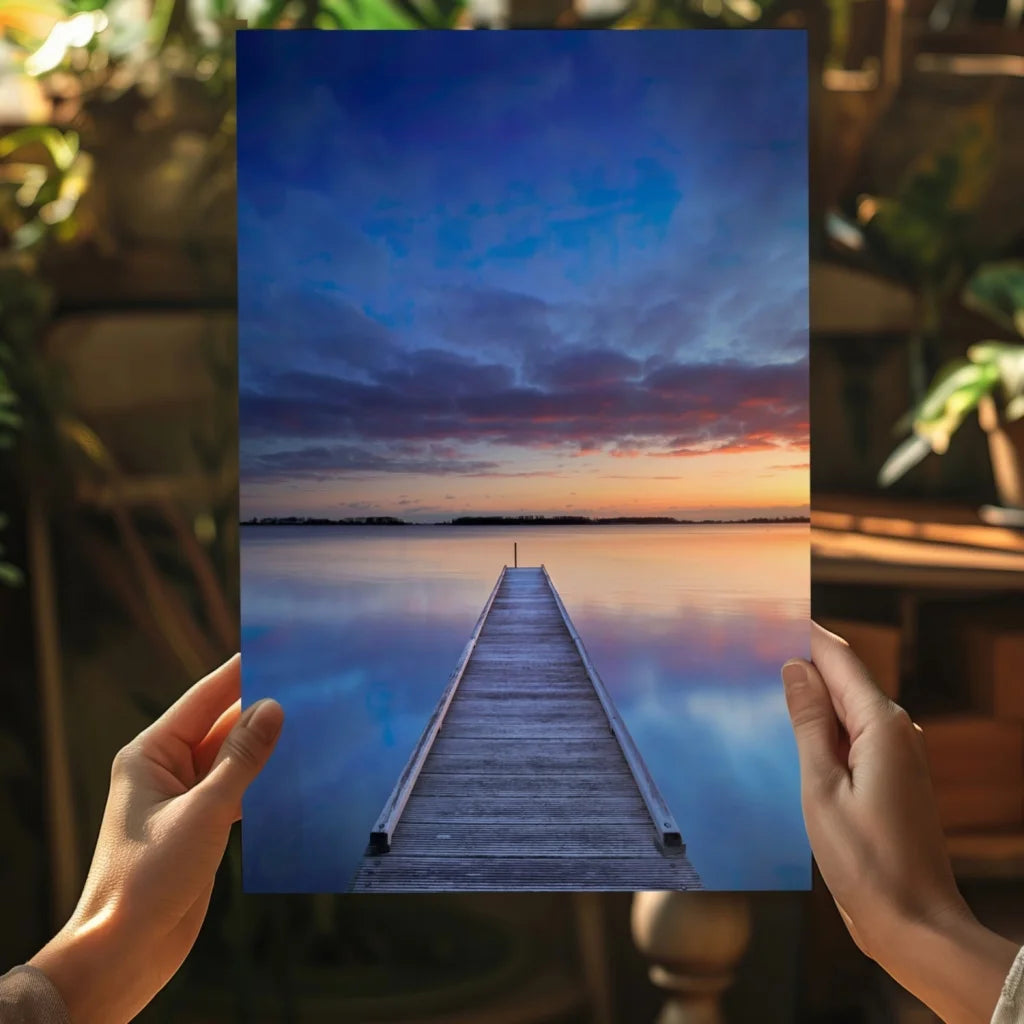 Serene twilight pier on Insigne aluminum print