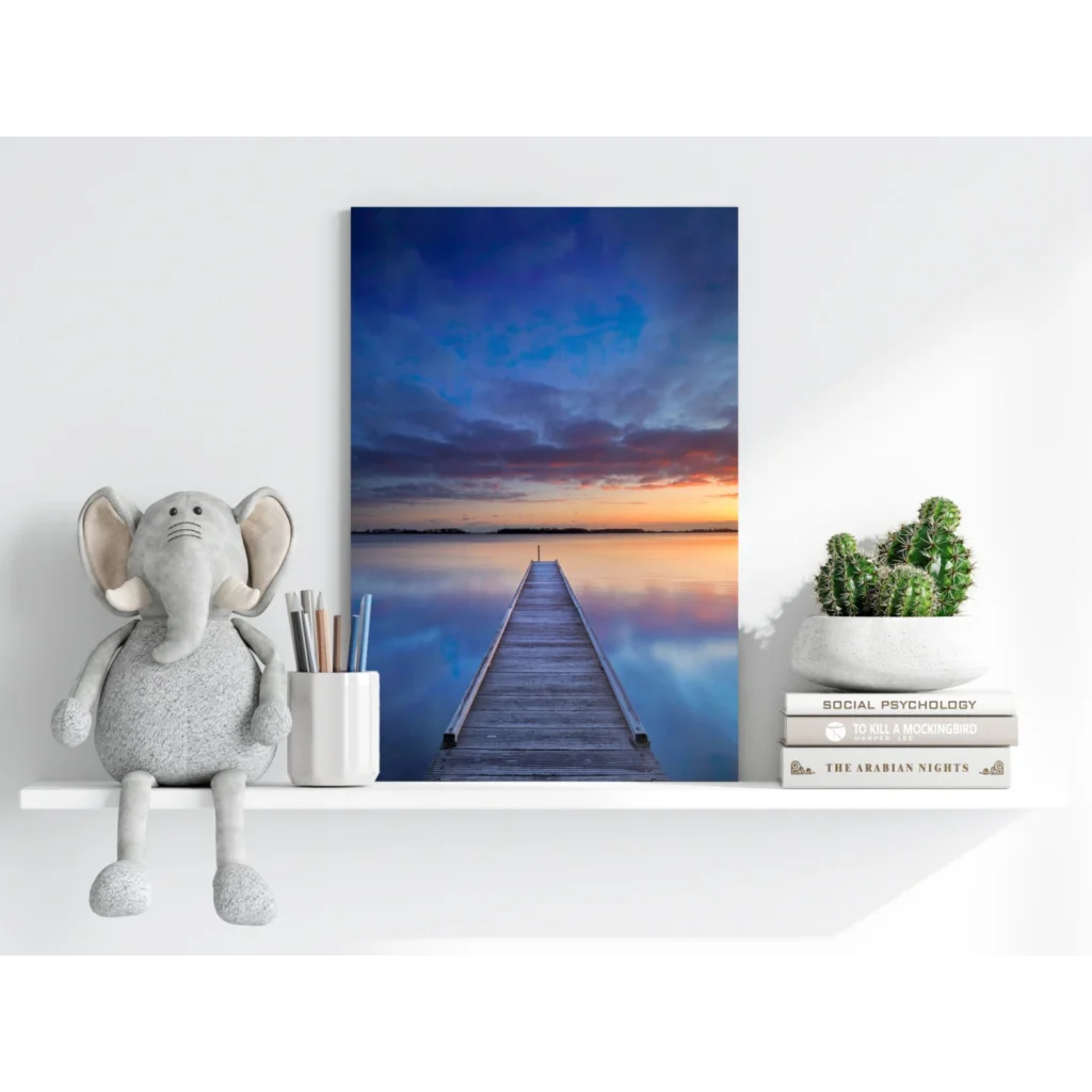 Serene twilight pier on Insigne aluminum print