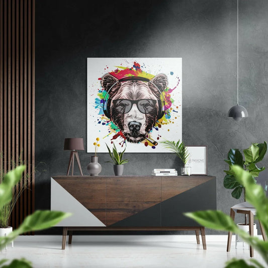 Vibrant bear with headphones on brushed aluminium dibond print
