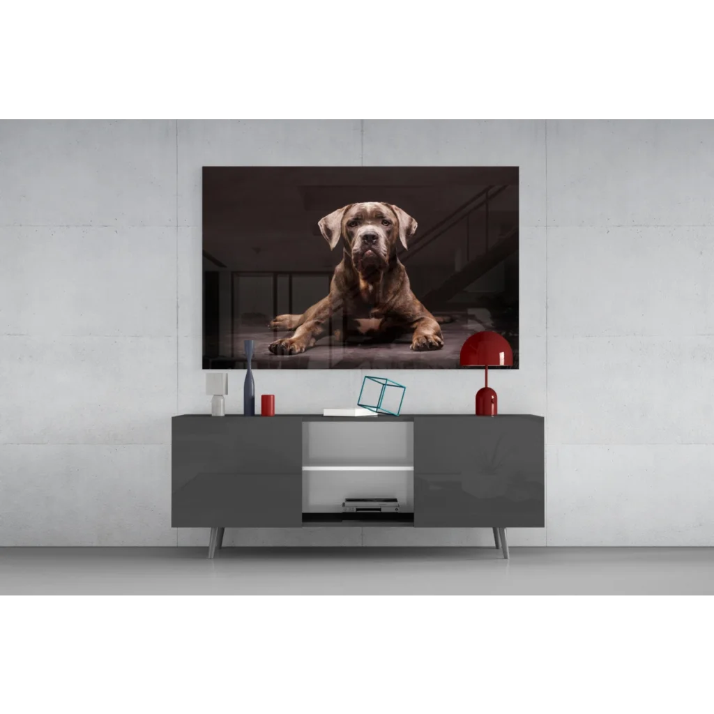 Framed brown dog glass wall art print in dimly lit interior