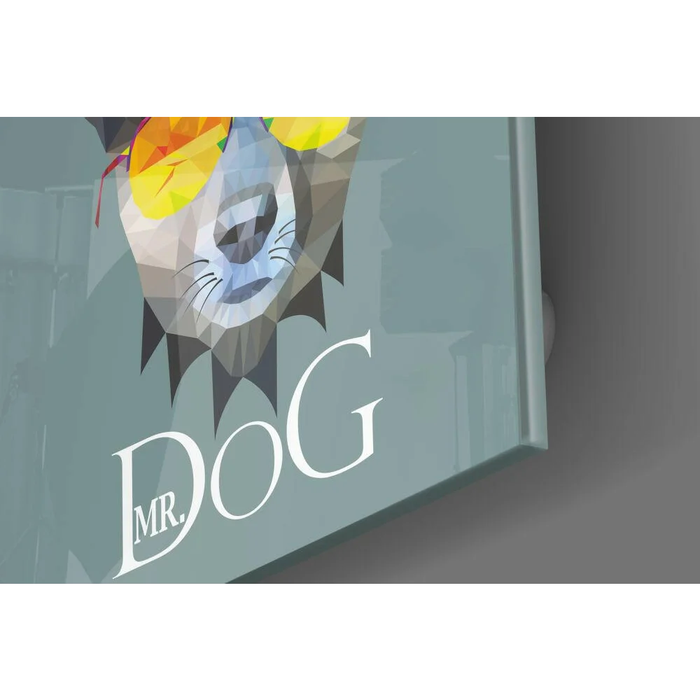 Stylized geometric dog in shades on teal Mr. glass wall art print