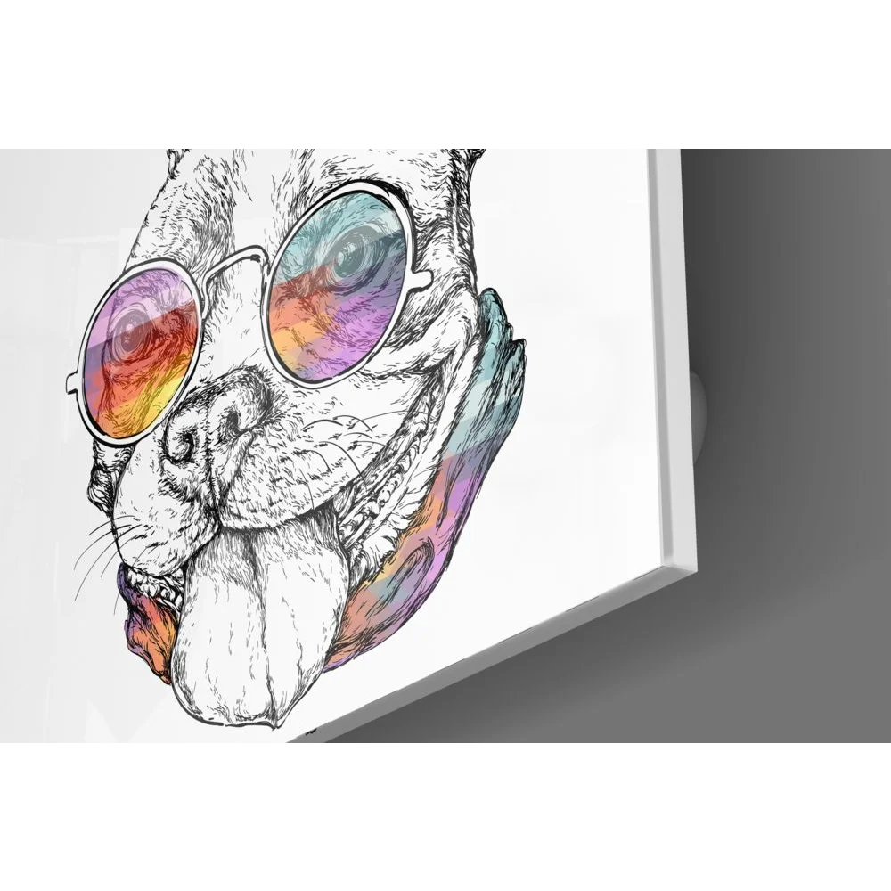 Vibrant French Bulldog Glass Art with Rainbow Sunglasses | Glass Wall Art Print | vintageantiquesgifts.com