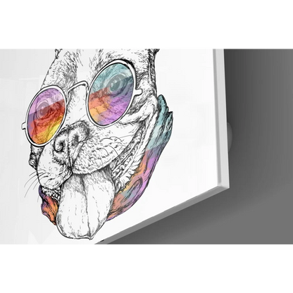 Vibrant French Bulldog Glass Art with Rainbow Sunglasses | Glass Wall Art Print | vintageantiquesgifts.com
