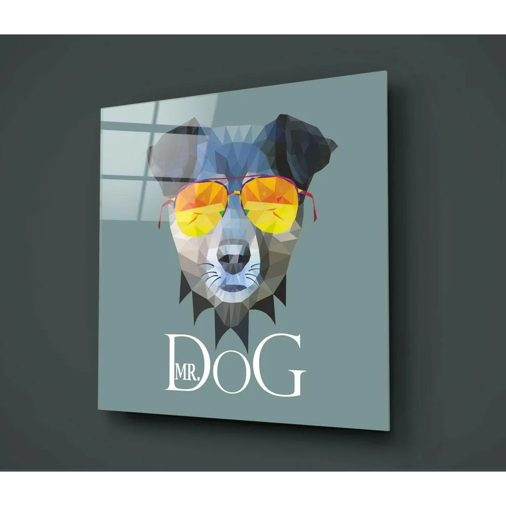 Stylized dog in orange shades on teal geometric glass wall art print