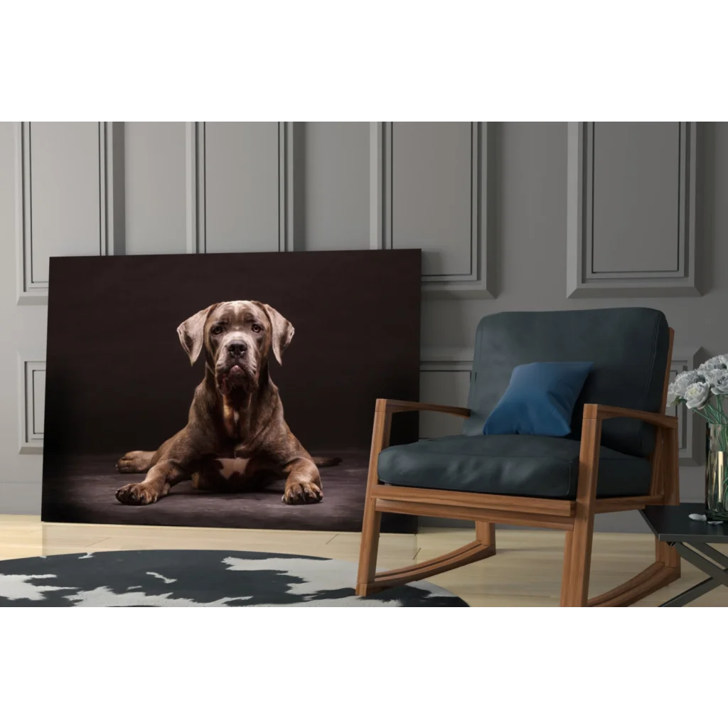 Framed glass wall art of realistic brown dog portrait on canvas