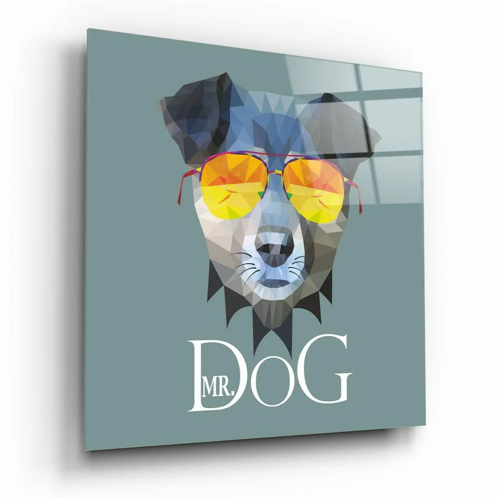 Cool dog in shades geometric glass wall art print on teal canvas