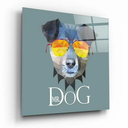 Cool dog in shades geometric glass wall art print on teal canvas