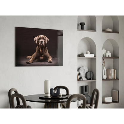 Dark brown Great Dane portrait on glass wall art mounted on white wall