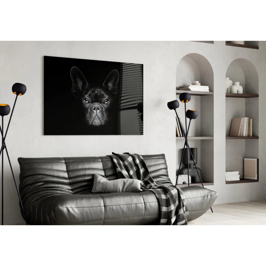 Black-and-white French bulldog canvas wall art on wall