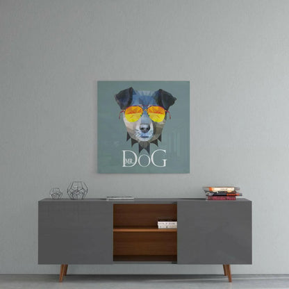 Cool dog in shades geometric glass wall art print