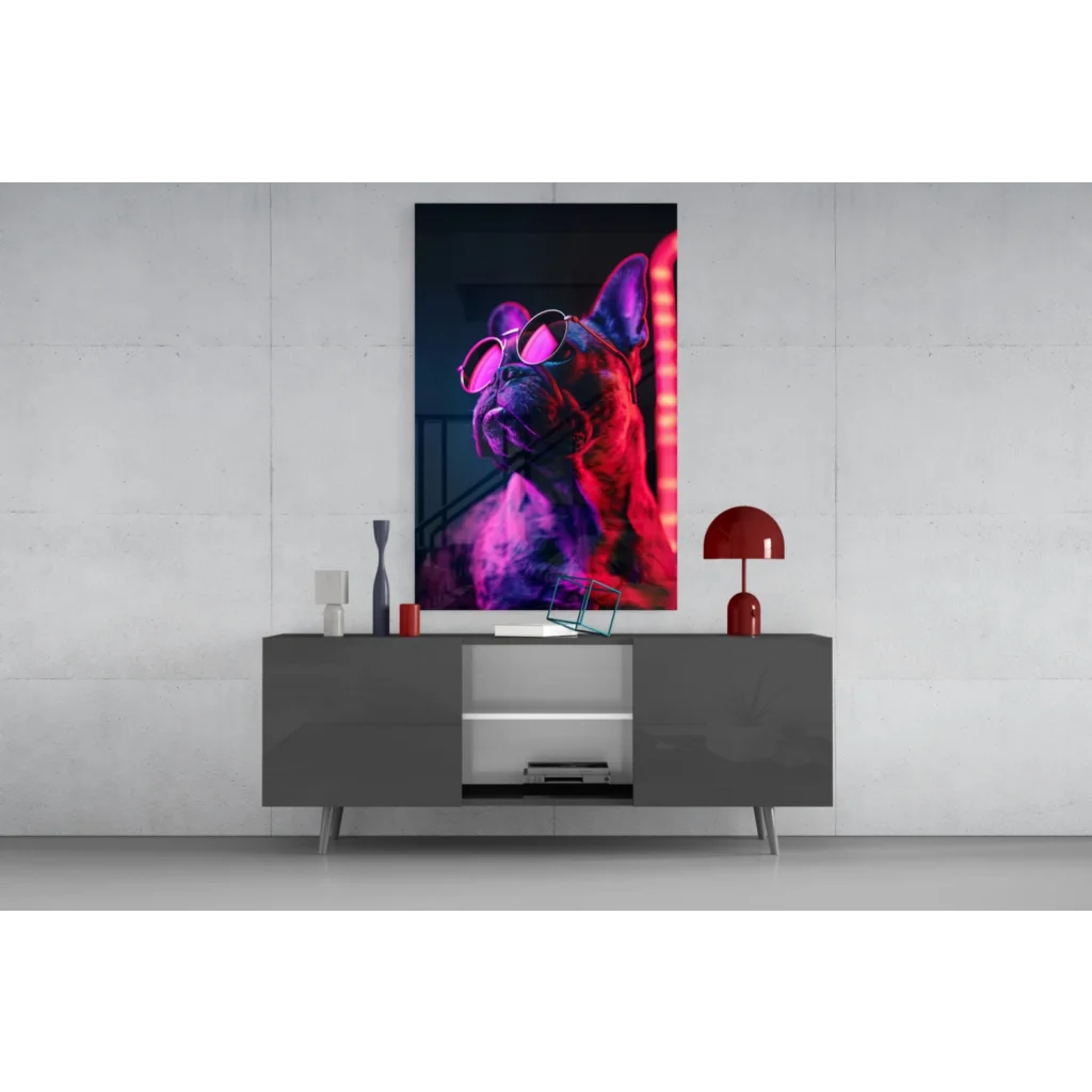 Vibrant neon-pink French bulldog glass wall art on framed canvas