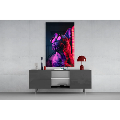 Vibrant neon-pink French bulldog glass wall art on framed canvas
