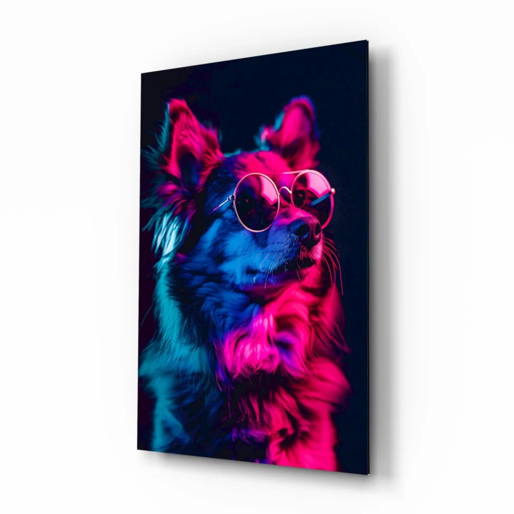 Neon dog in reflective sunglasses on glass wall art print