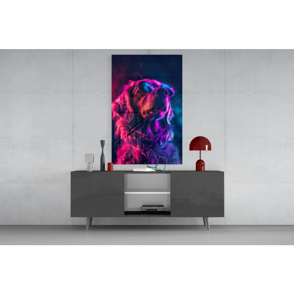 Vibrant neon dog in sunglasses glass wall art on gray console