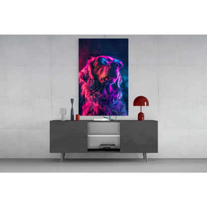 Vibrant neon dog in sunglasses glass wall art on gray console