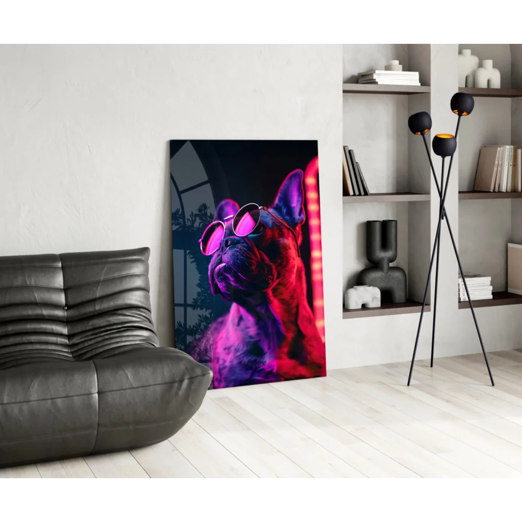Vibrant neon-pink purple French bulldog glass wall art in modern interior