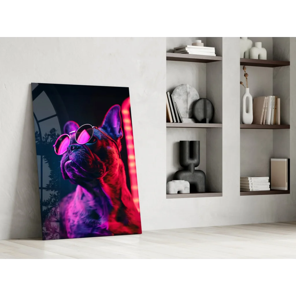 Vibrant neon-pink and purple French bulldog in round sunglasses on glass wall art