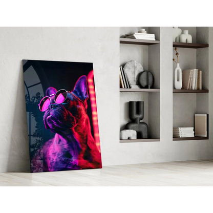Vibrant neon-pink and purple French bulldog in round sunglasses on glass wall art