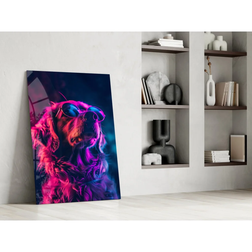 Vibrant neon dog glass wall art: retriever in sunglasses canvas print