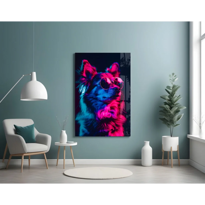 Vibrant neon dog in sunglasses on glass wall art print