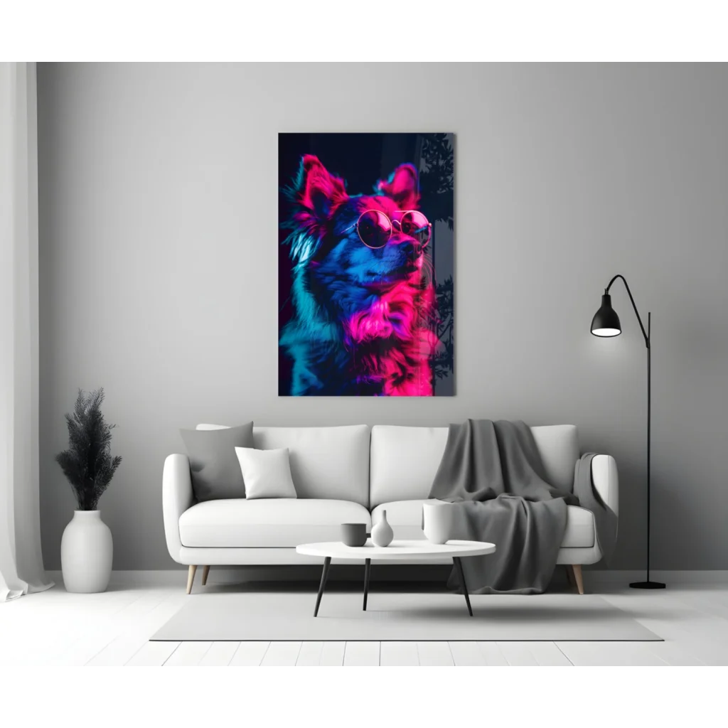 Vibrant neon dog in sunglasses on pink blue glass wall art print