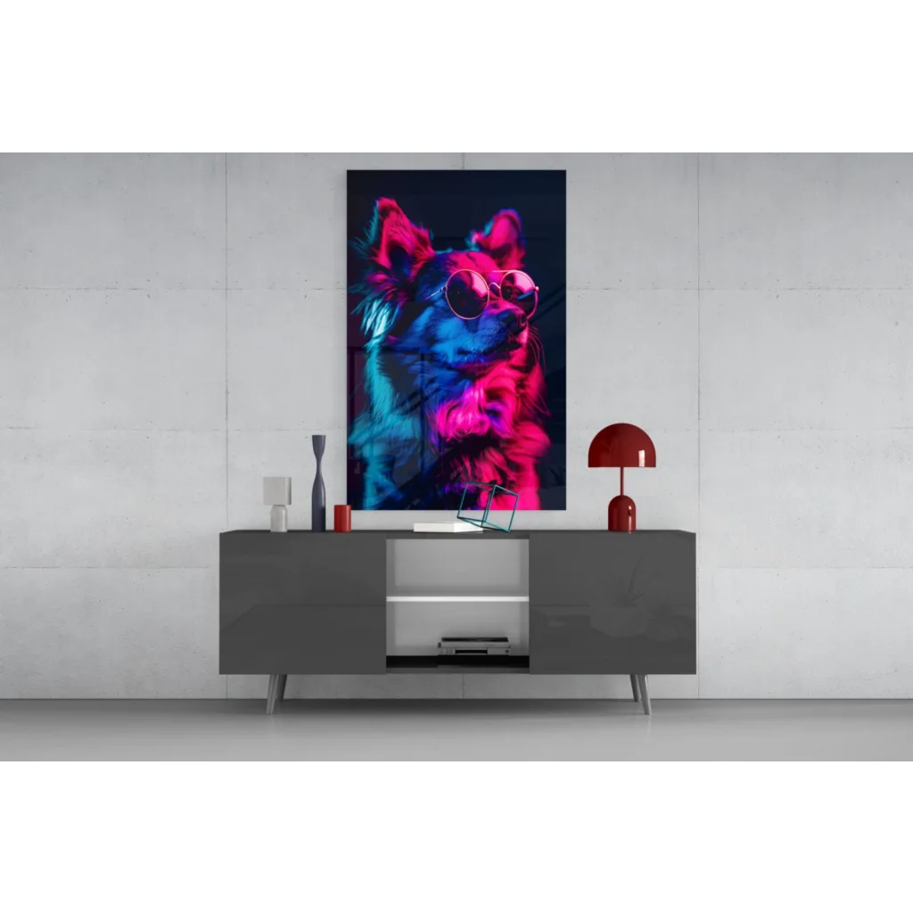Vibrant neon dog glass wall art with sunglasses pop print