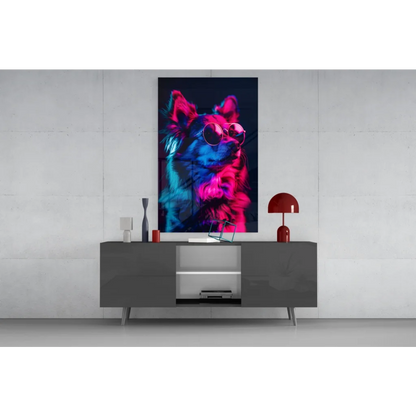Vibrant neon dog glass wall art with sunglasses pop print