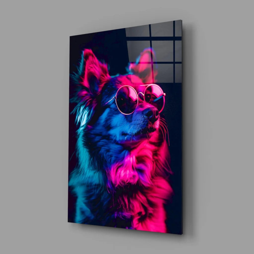 Neon pink blue dog portrait on glossy acrylic glass wall art with sunglasses