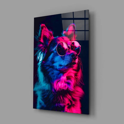 Neon pink blue dog portrait on glossy acrylic glass wall art with sunglasses