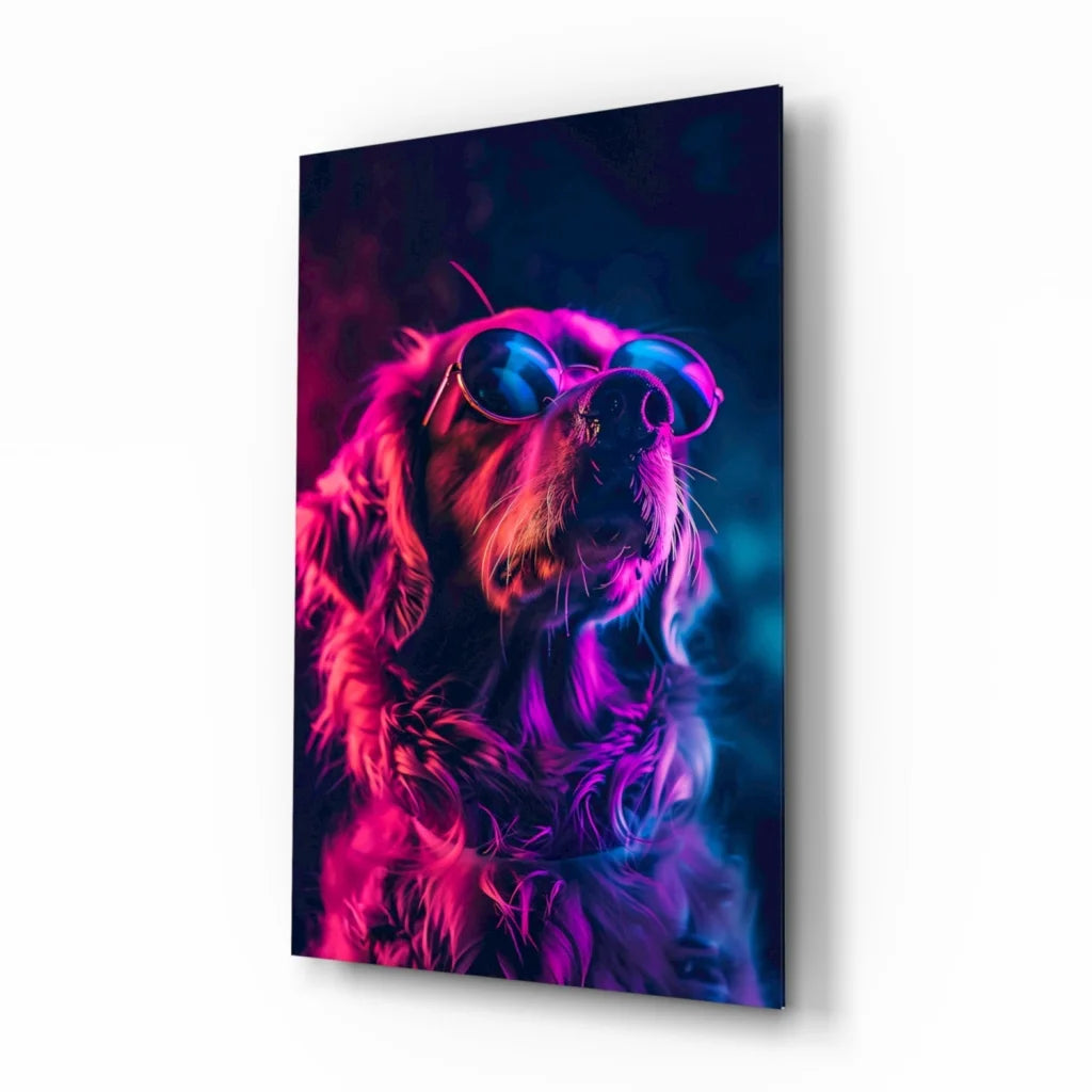 Neon pink purple golden retriever in blue shades glass wall art