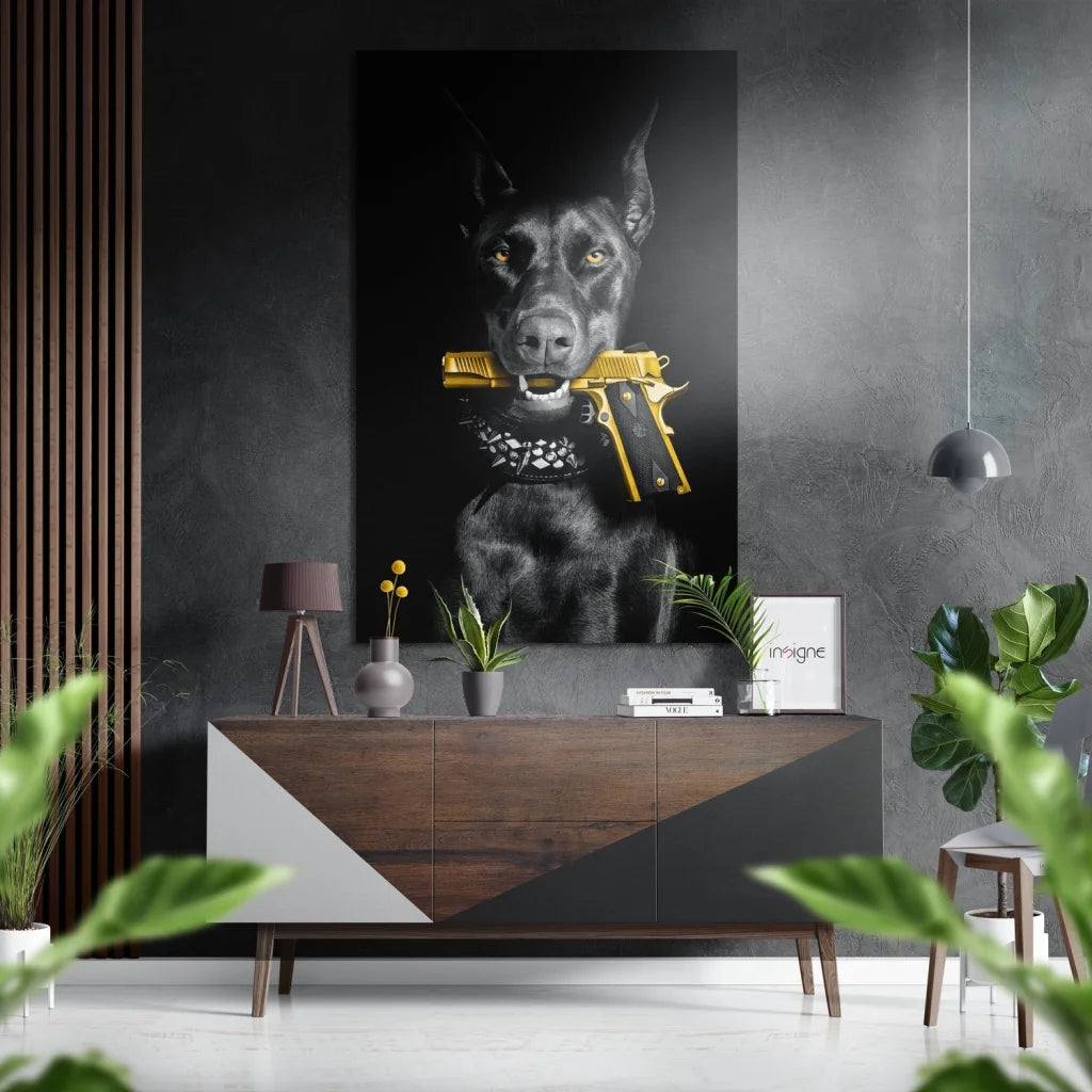 Badass black Doberman with golden gun on brushed aluminium dibond print