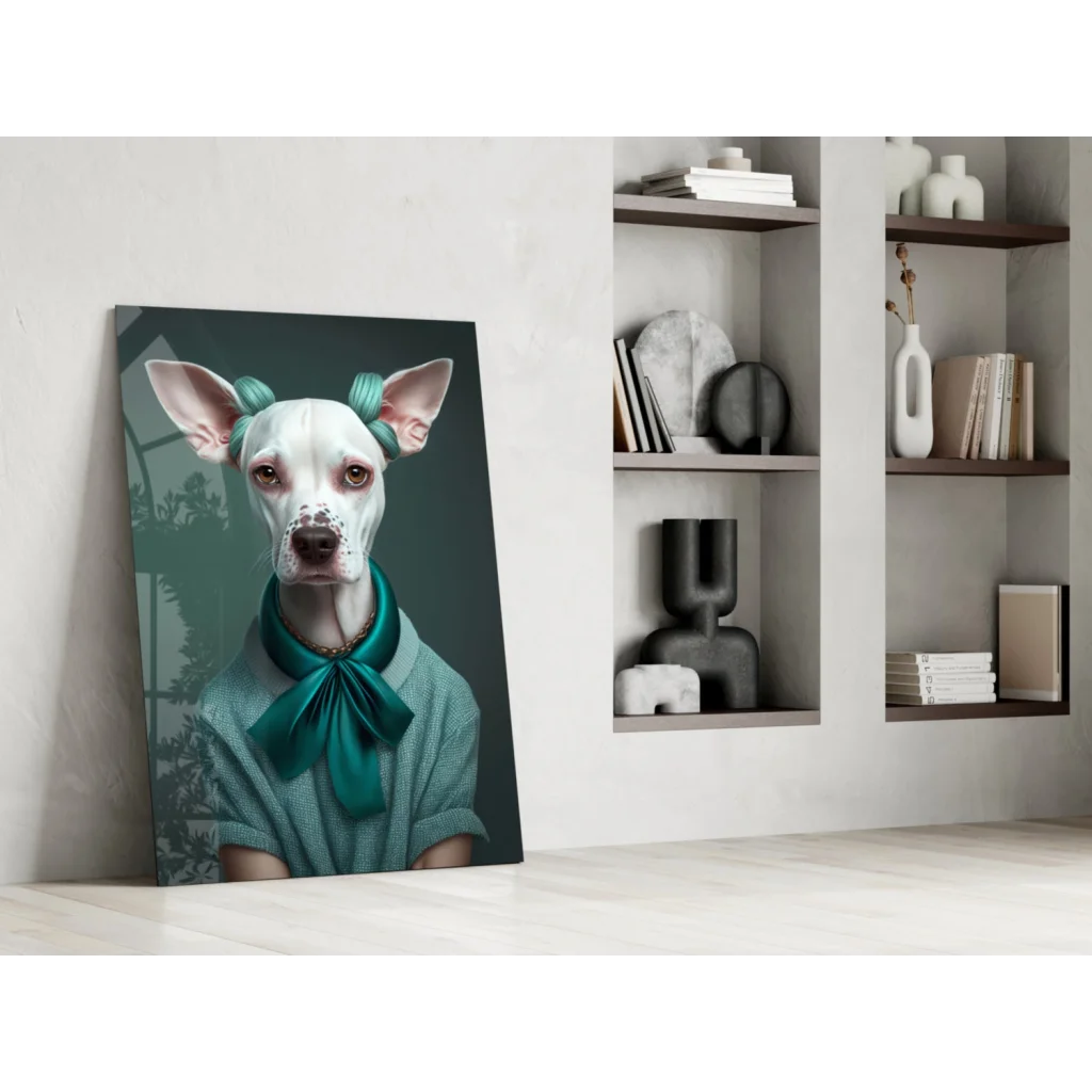 Stylish white dog in teal bow and shirt, chic teal pup portrait canvas wall art