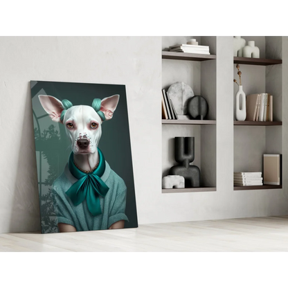 Stylish white dog in teal bow and shirt, chic teal pup portrait canvas wall art