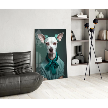 Stylish white dog in teal outfit with turquoise rollers, chic teal pup wall art canvas