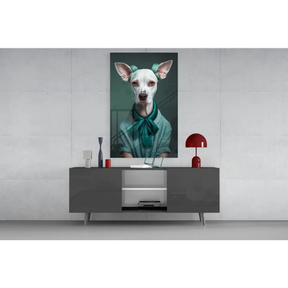 Stylish teal pup in shirt and bow tie on chic wall art canvas
