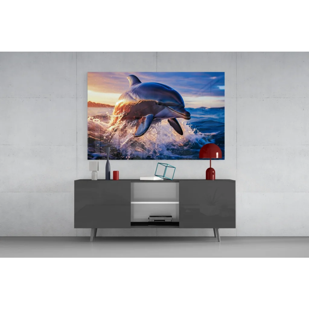 Vibrant dolphin leaping in sunset waters on glass wall art print