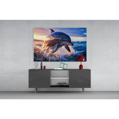 Vibrant dolphin leaping in sunset waters on glass wall art print