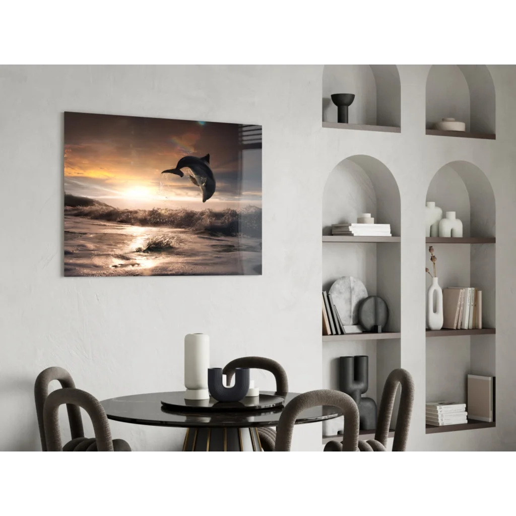 Sunset dolphin leap canvas wall art print leaping from waves