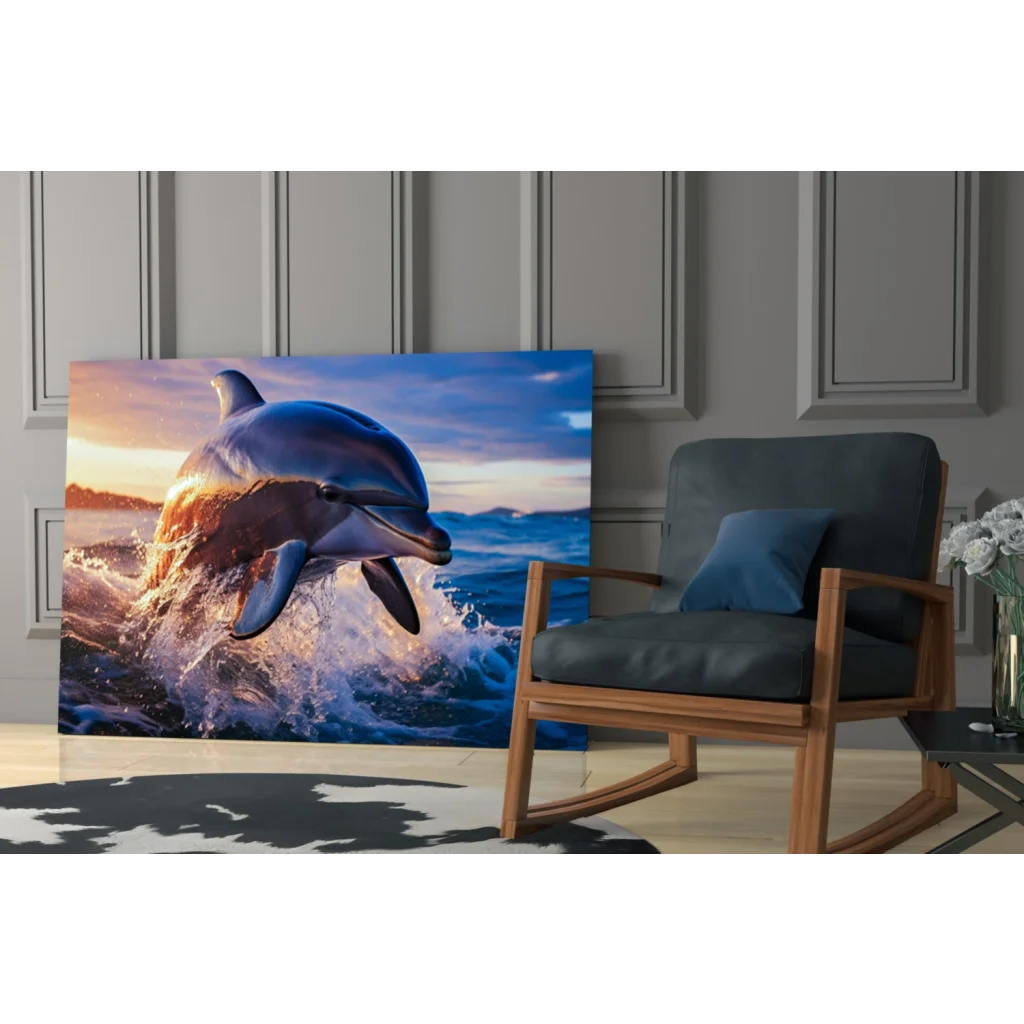 Vibrant dolphin leaping from waves in sunset glass wall art print