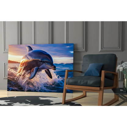 Vibrant dolphin leaping from waves in sunset glass wall art print