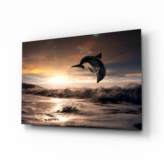Dolphin leaping at sunset on canvas wall art print