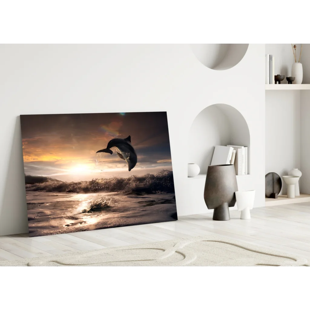 Dolphin leaping at sunset canvas wall art print in golden hues