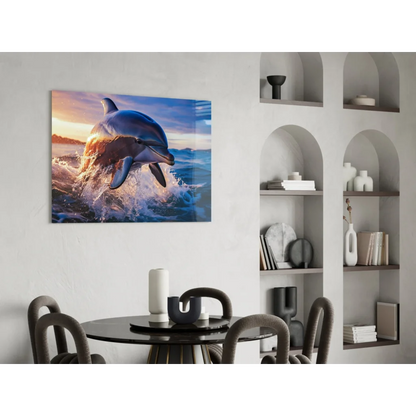 Vibrant dolphin leaping from waves at sunset in glass wall art print