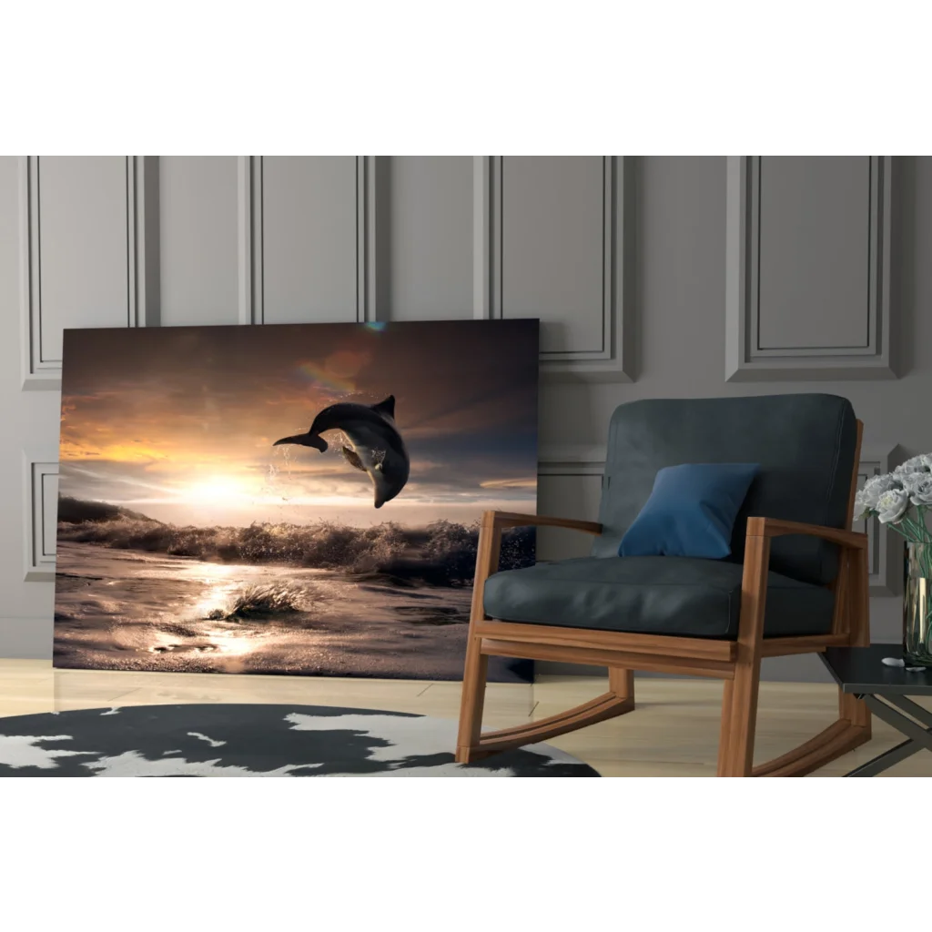 Sunset dolphin leap wall art canvas print in warm golden hues